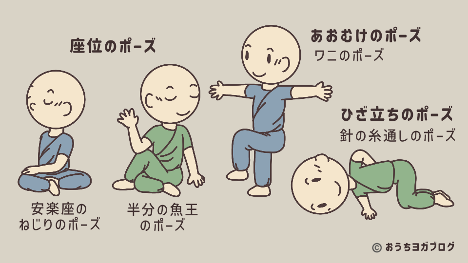 座位とあおむけでおこなう代表的なねじりのポーズを示す図