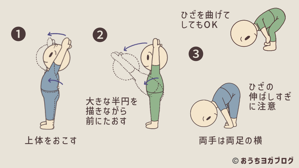 両手を上に伸ばすポーズから、強い前屈のポーズを取る手順を示したイラストの図解。(股関節から上体を前に倒し、両手を床や脚に添えてポーズをとる説明をしている)