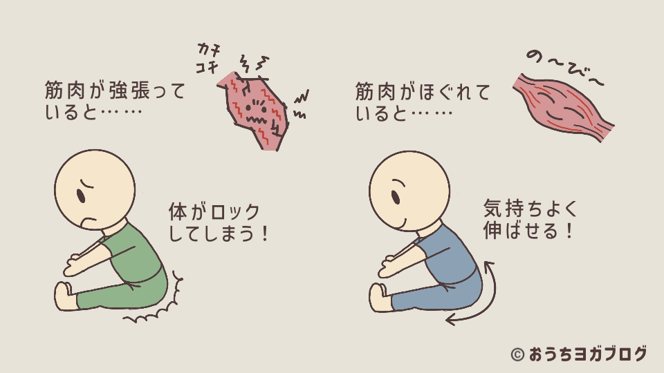 前屈の比較。筋肉が強張って体が倒れにくい場合と、柔軟性が高まり深く前屈できる場合を示す図