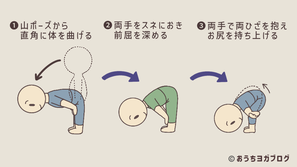 立って行う前屈の練習方法。太ももに手を置き、すねの順に手の位置を下げて深める流れを示し、両手でひざを抱えてさらに前屈を深める図