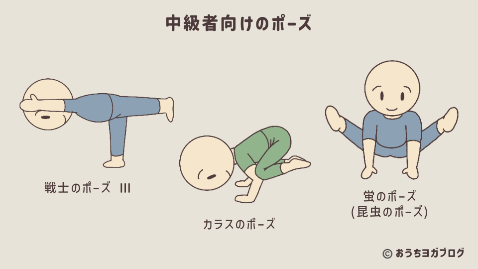 初中級者向けのポーズが安定したら、挑戦できるポーズの一例(戦士のポーズ3、カラスのポーズ、蛍のポーズ)