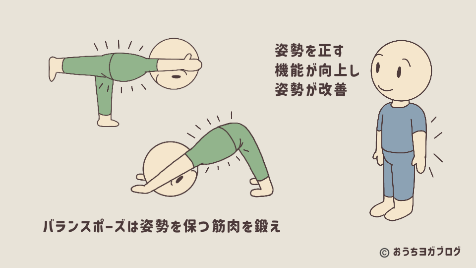 バランスポーズの効果その3・体幹強化と姿勢改善(バランスポーズを練習して、姿勢に関わる筋肉の筋力向上やバランスが整い、その結果、姿勢が整うことを示したイラスト)