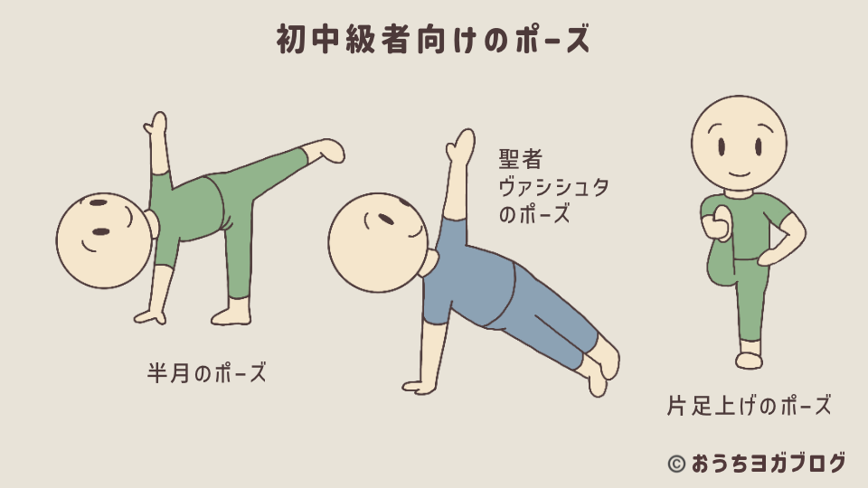 初心者向けのポーズに慣れた、初中級者向けの練習におすすめのポーズ。半月のポーズ、ヴァシシュタのポーズ(サイドプランク)、片足上げのポーズのイラスト
