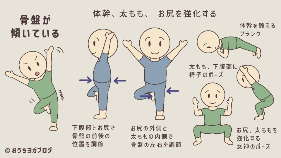 バランスポーズがふらつく原因の一つ、骨盤が傾きを解消するヒントを説明しているイラスト入り図解。骨盤の位置を調整する筋肉の使いかた、体幹、太もも、お尻を強化するポーズを紹介