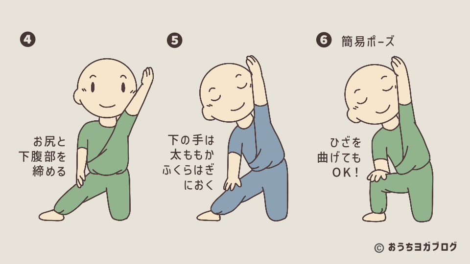 かんぬきのポーズのイラスト図解（その２）。お尻と下腹部を締めて骨盤を立てる、下の手をずらしながら上体をたおす。下の手は太ももかふくらはぎに添える。ひざを曲げる簡易ポーズも紹介